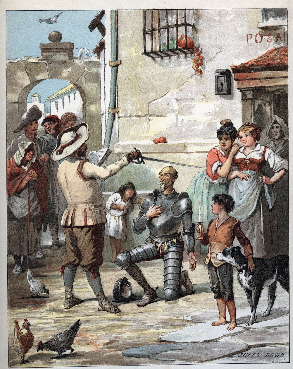 Uden for en kro bliver Don Quixote ridder - Illustration af Jules David (1808-1892) fra Histoire de Don Quixote (Don Quixote) - 1887 - af Miguel de Cervantes Saavedra (1547-1616) - af Jules David