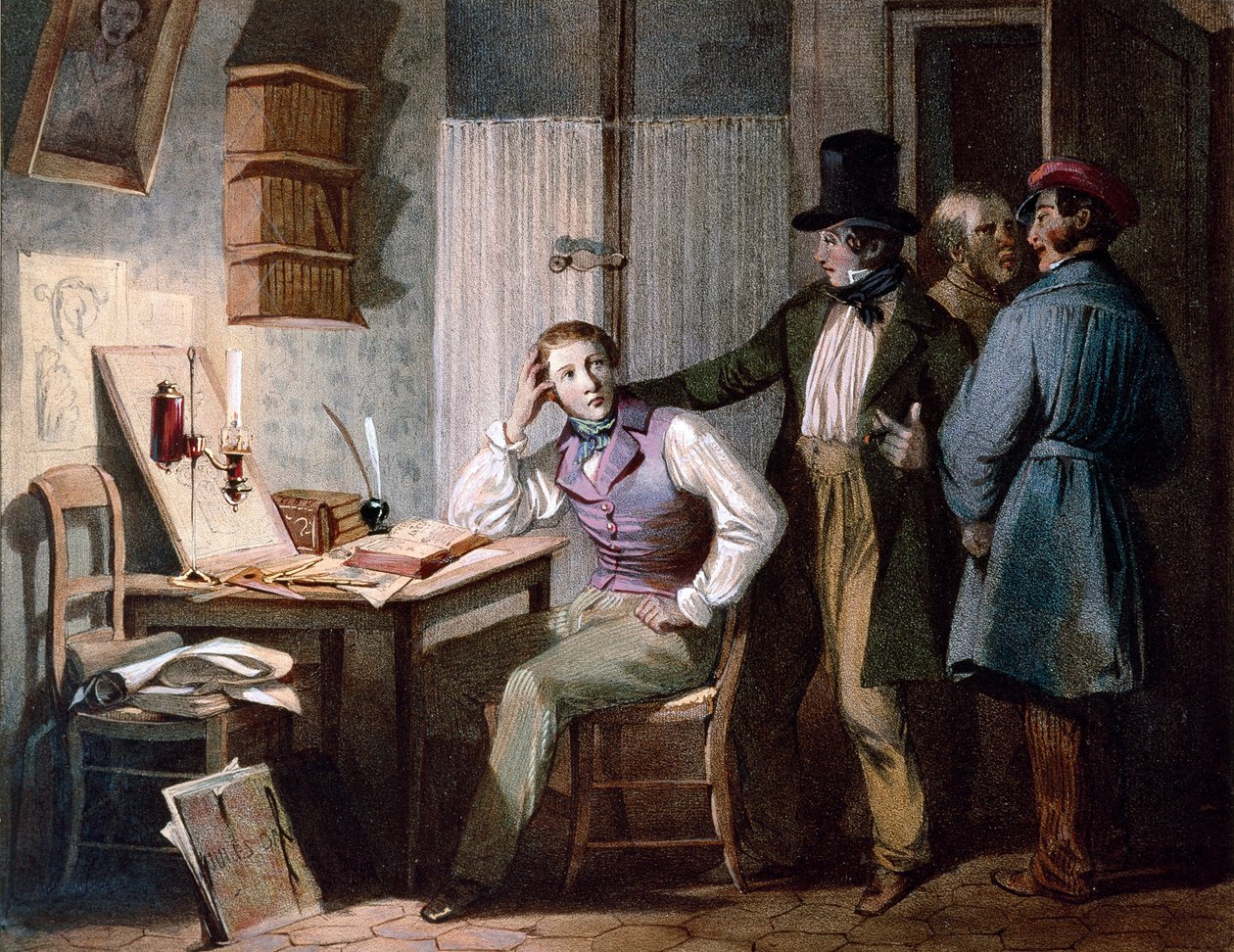 Undersøgelse. En flittig studerende på sit kontor bliver på arbejde, mens hans venner går ud. Farvestik af Jules David (1800-tallet). Paris, Musée Carnavalet af Jules David