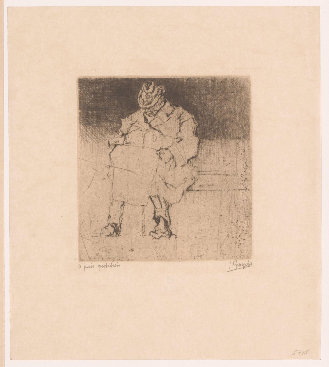 Ældre herre med spadserestok sidder på en bænk Le pain quotidien (titel på objekt) af Jules De Bruycker (signed by artist)