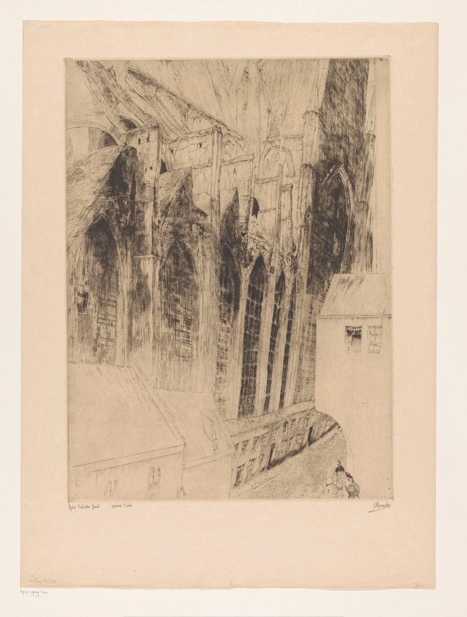 Udsigt over sidefacaden af ​​Sint-Niklaaskerk i Gent Eglise St Nicolas Gand (titel på objekt) Rue du Chapeau Rouge a Gand af Jules De Bruycker (signed by artist)