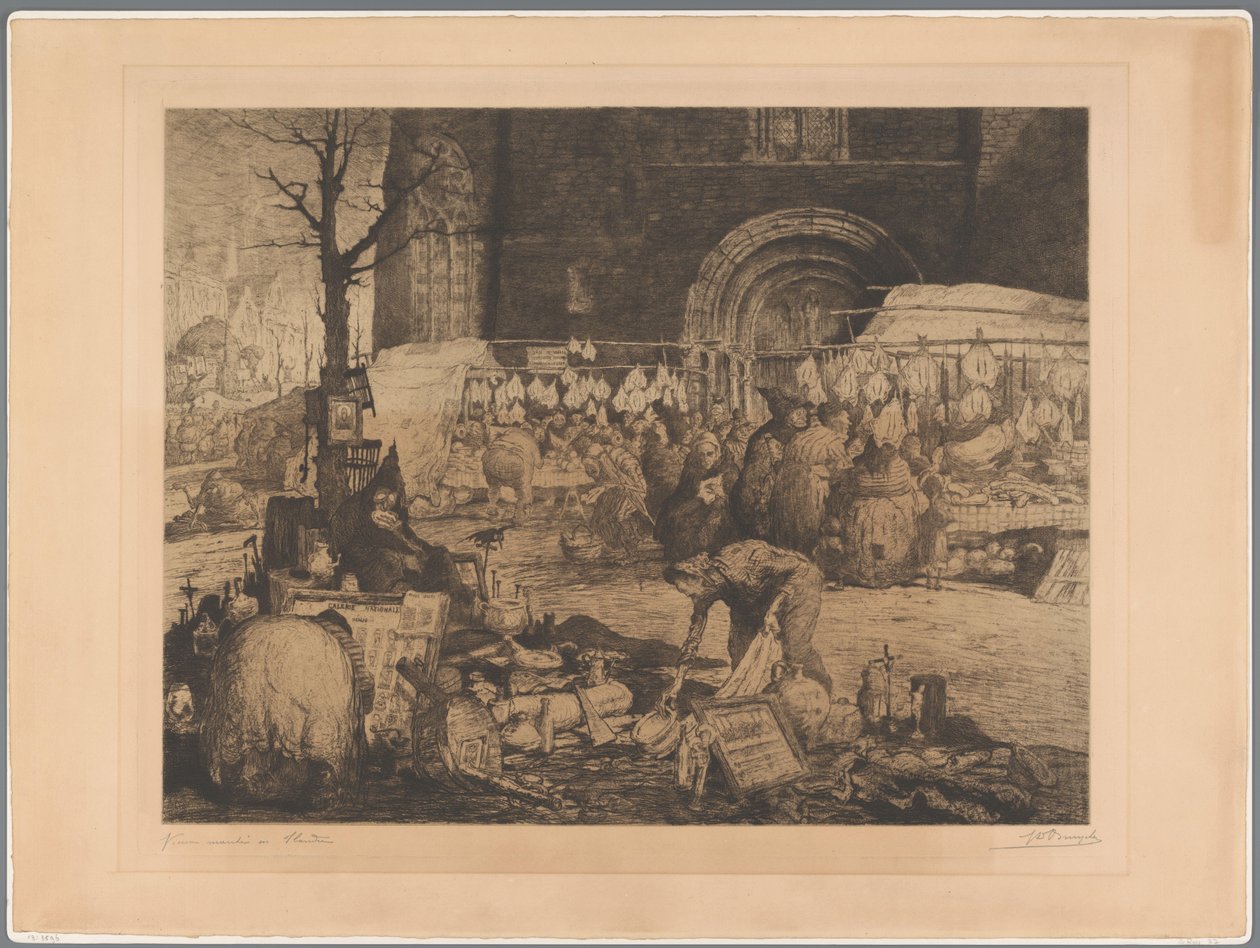 Udsigt over et marked i Flandern Vieux marché en Flandre (titel på objekt) af Jules De Bruycker (signed by artist)