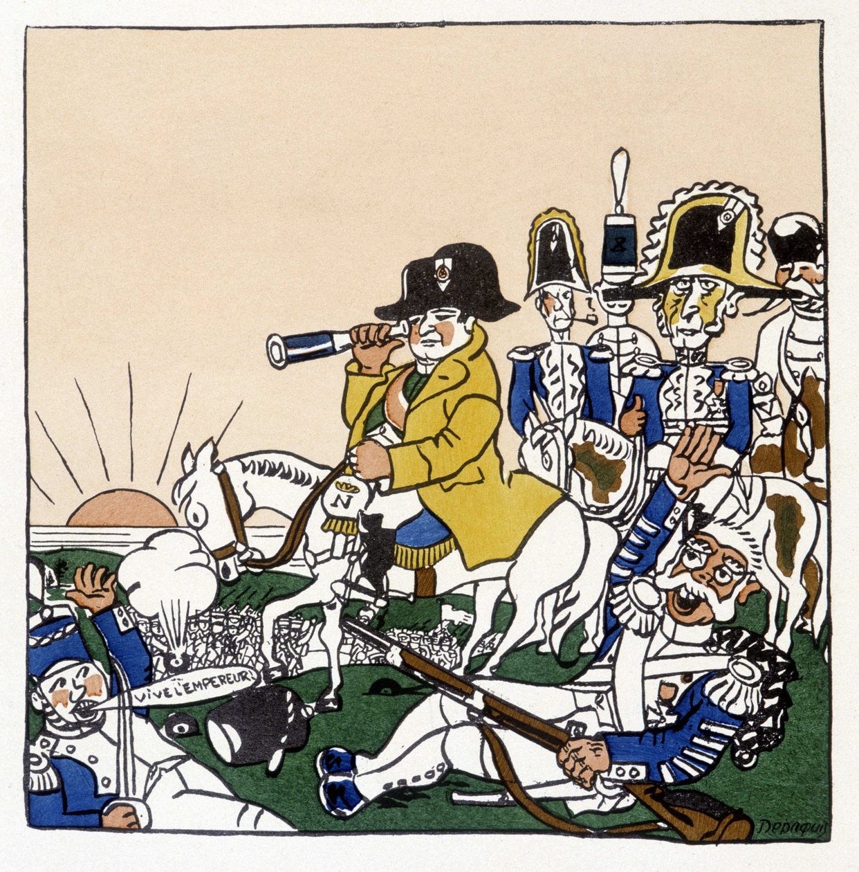 Napoleon i slaget ved Austerlitz (1805) - i "Histoire de France" af Jules Depaquit, ill. af ham selv, red. jonquières, Paris af Jules Depaquit