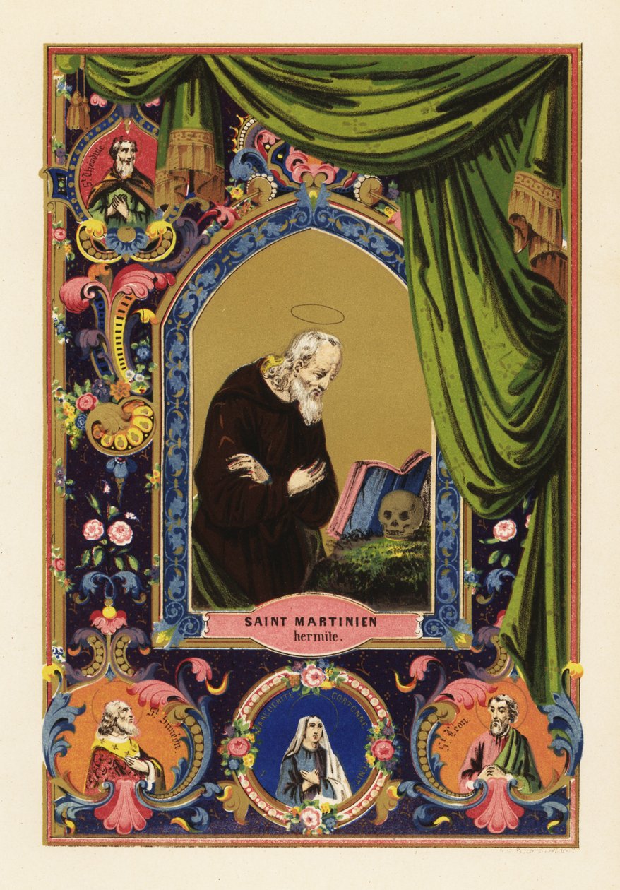 Portræt af Saint Martinian, eneboer fra Cæsarea i Palæstina, med glorie, læser Bibelen lænet op ad et menneskeskalle, inden for en dekorativ kant af gardiner og løv af Jules Desportes