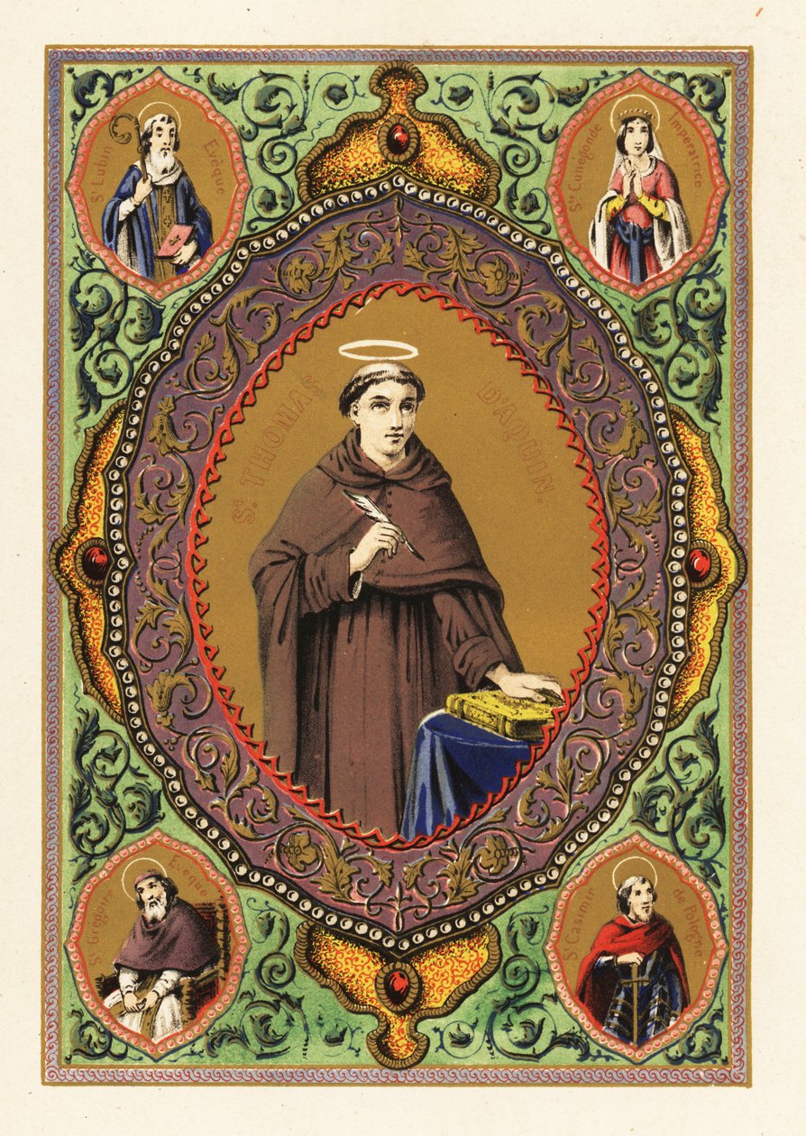 Portræt af Saint Thomas Aquinas, med glorie, fjerpen og bibel, i en dekorativ kant af løv og forgyldt af Jules Desportes