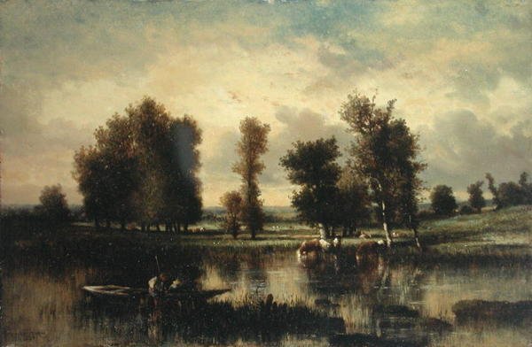 Båd på kanten af floden (olie på vugget panel) af Jules Dupré
