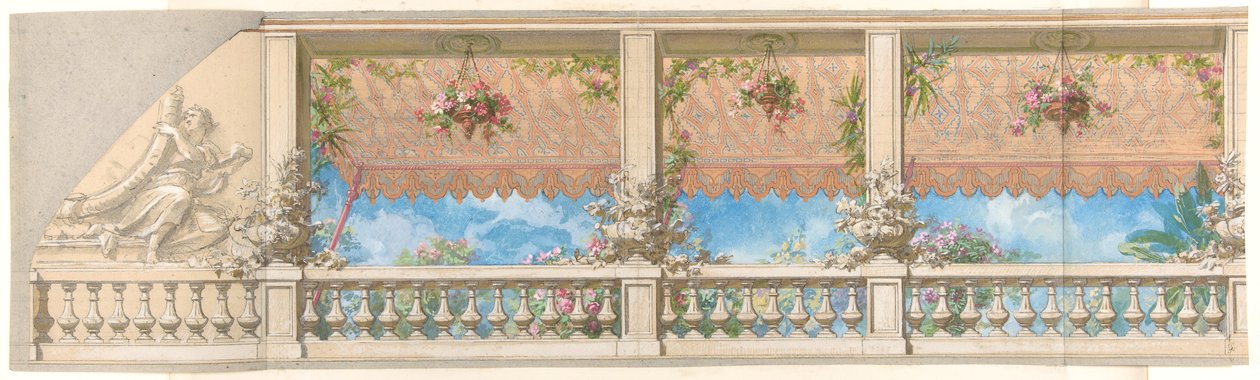 En udendørs balustrade overhængt med en markise i maurisk stil, 1830-97. Skaber: Jules-Edmond-Charles Lachaise, Eugène-Pierre Gourdet. af Jules Edmond Charles Lachaise and Eugène Pierre Gourdet