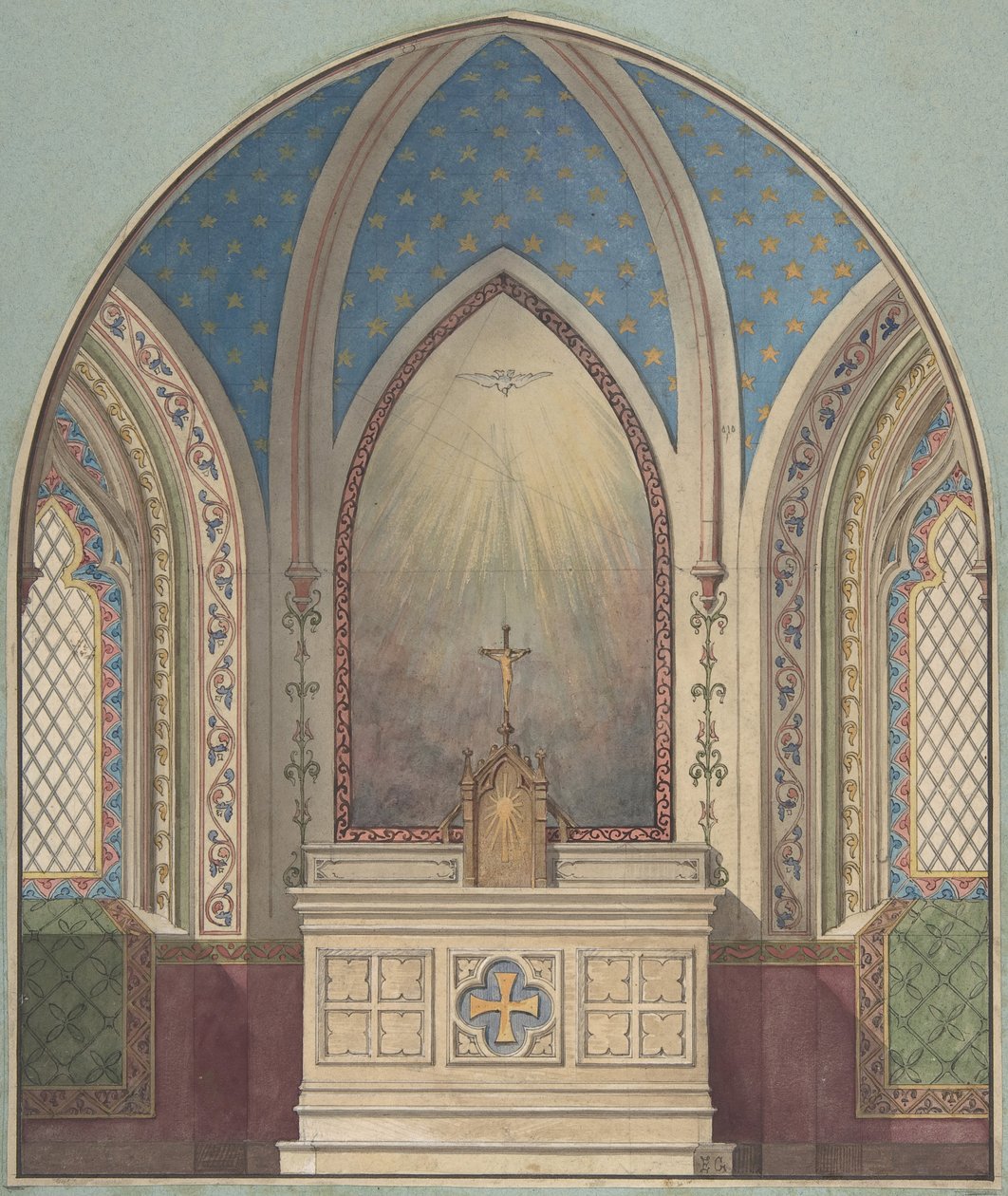 Design til alter, Saint Clotilde, anden halvdel af 1800-tallet. Skaber: Jules-Edmond-Charles Lachaise, Eugène-Pierre Gourdet. af Jules Edmond Charles Lachaise and Eugène Pierre Gourdet