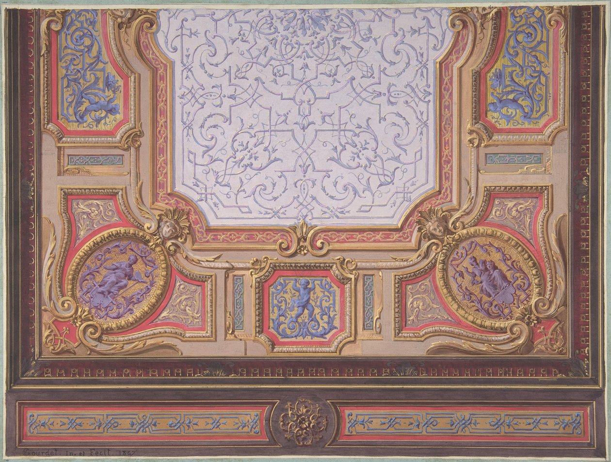 Design til loftet i Grand Salon, Hôtel Hope, 1867. Skaber: Jules-Edmond-Charles Lachaise, Eugène-Pierre Gourdet. af Jules Edmond Charles Lachaise and Eugène Pierre Gourdet