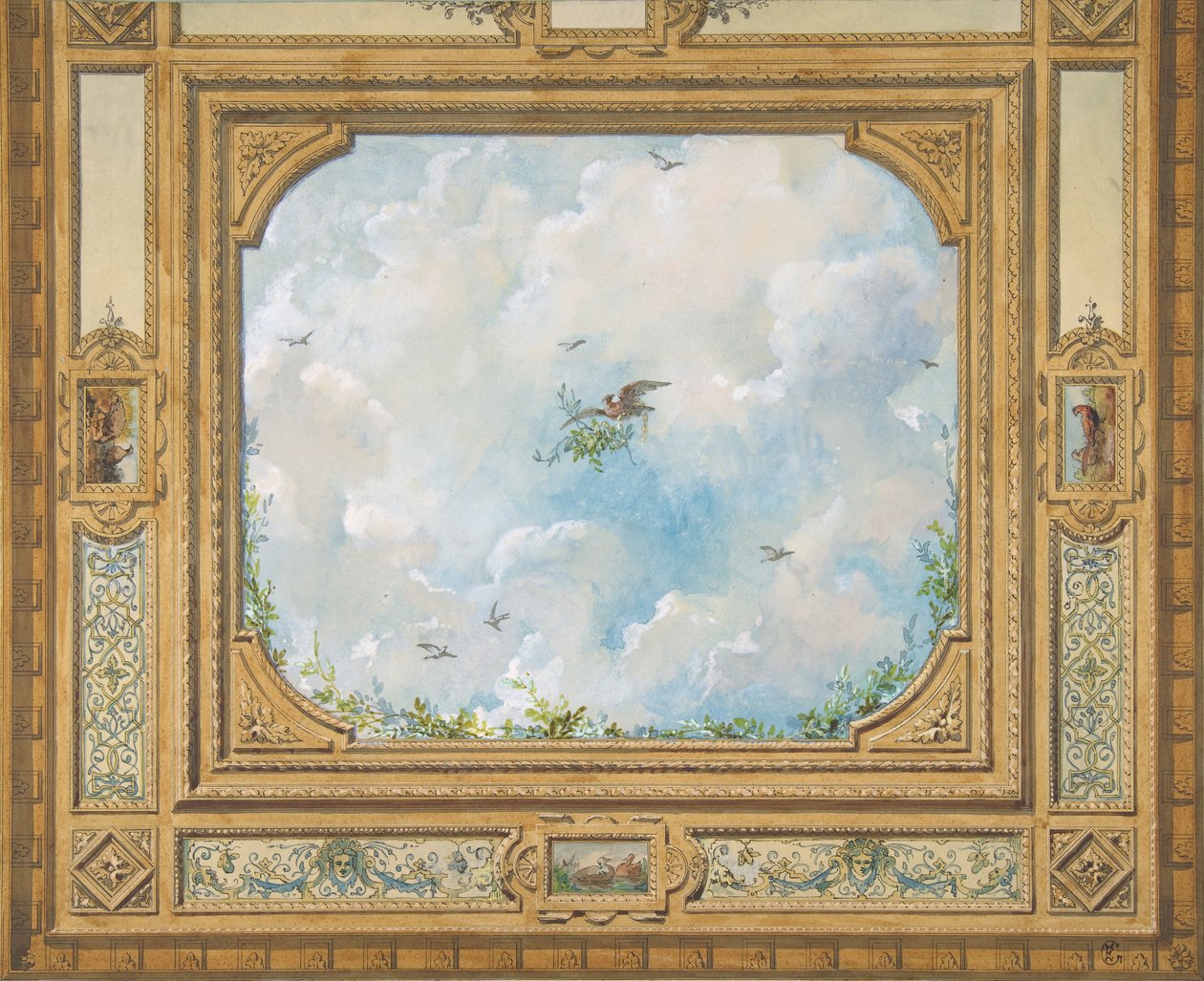 Design til et loft dekoreret med skyer og fugle, 1830-97. Skaber: Jules-Edmond-Charles Lachaise, Eugène-Pierre Gourdet. af Jules Edmond Charles Lachaise and Eugène Pierre Gourdet