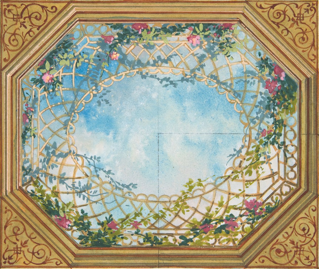 Design til et loft malet med skyer, espalier og roser, anden halvdel af 1800-tallet. Skaber: Jules-Edmond-Charles Lachaise, Eugène-Pierre Gourdet. af Jules Edmond Charles Lachaise and Eugène Pierre Gourdet