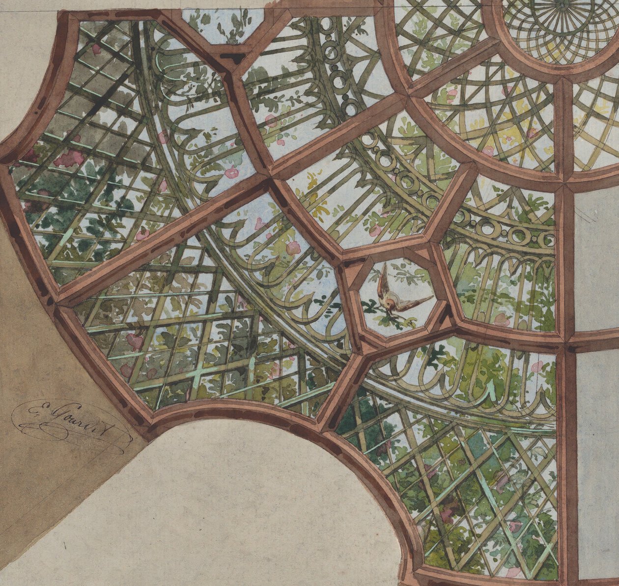 Design til et loft med gitterværk og blomstrende vinstokke, anden halvdel af 1800-tallet. Skaber: Jules-Edmond-Charles Lachaise, Eugène-Pierre Gourdet. af Jules Edmond Charles Lachaise and Eugène Pierre Gourdet