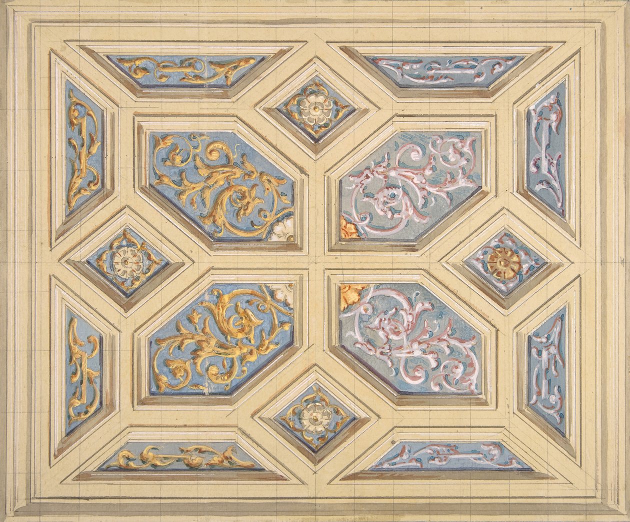 Design til et kasseloft dekoreret med rinceaux, 1840-97. Skaber: Jules-Edmond-Charles Lachaise, Eugène-Pierre Gourdet. af Jules Edmond Charles Lachaise and Eugène Pierre Gourdet