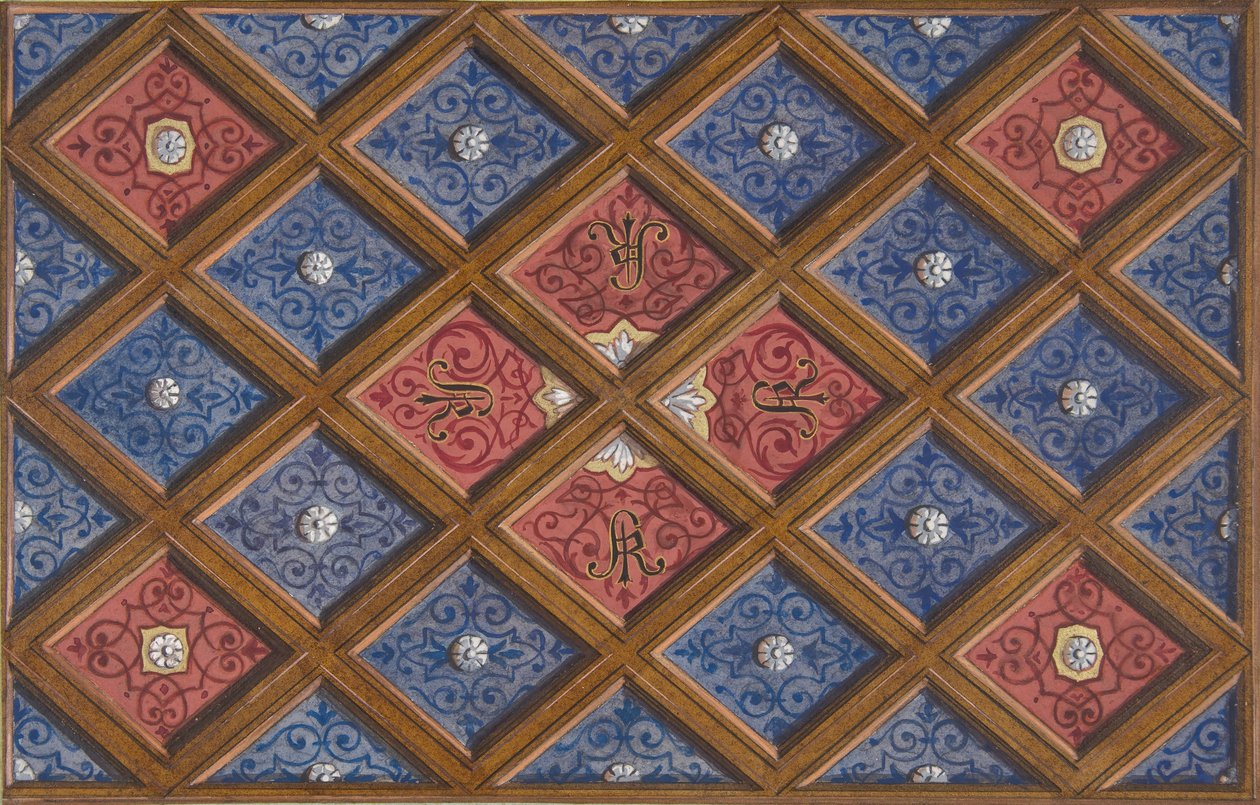 Design til et kasseloft med malede initialer: SRI , 1840-97. Skaber: Jules-Edmond-Charles Lachaise, Eugène-Pierre Gourdet. af Jules Edmond Charles Lachaise and Eugène Pierre Gourdet
