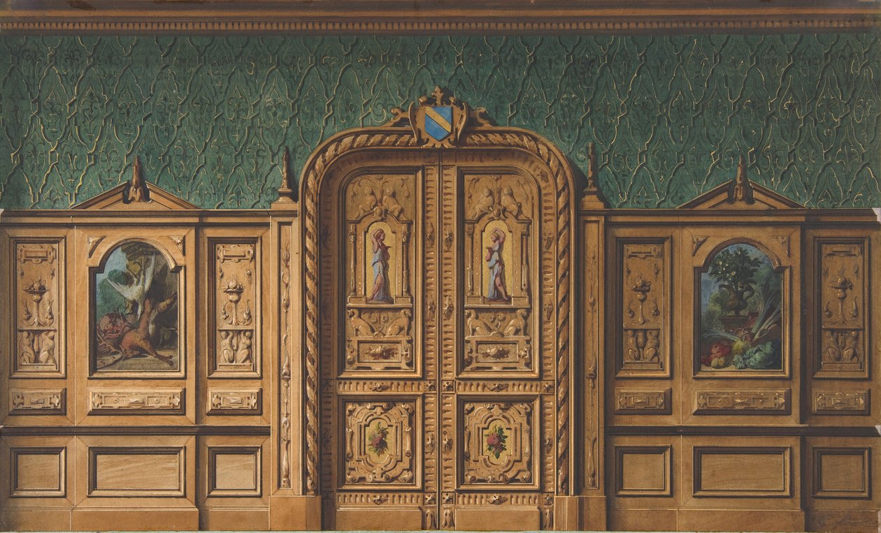 Design til et rum med træpaneler indsat med malerier og en kraftigt udskåret dobbeltdør, 1830-97. Skaber: Jules-Edmond-Charles Lachaise, Eugène-Pierre Gourdet. af Jules Edmond Charles Lachaise and Eugène Pierre Gourdet