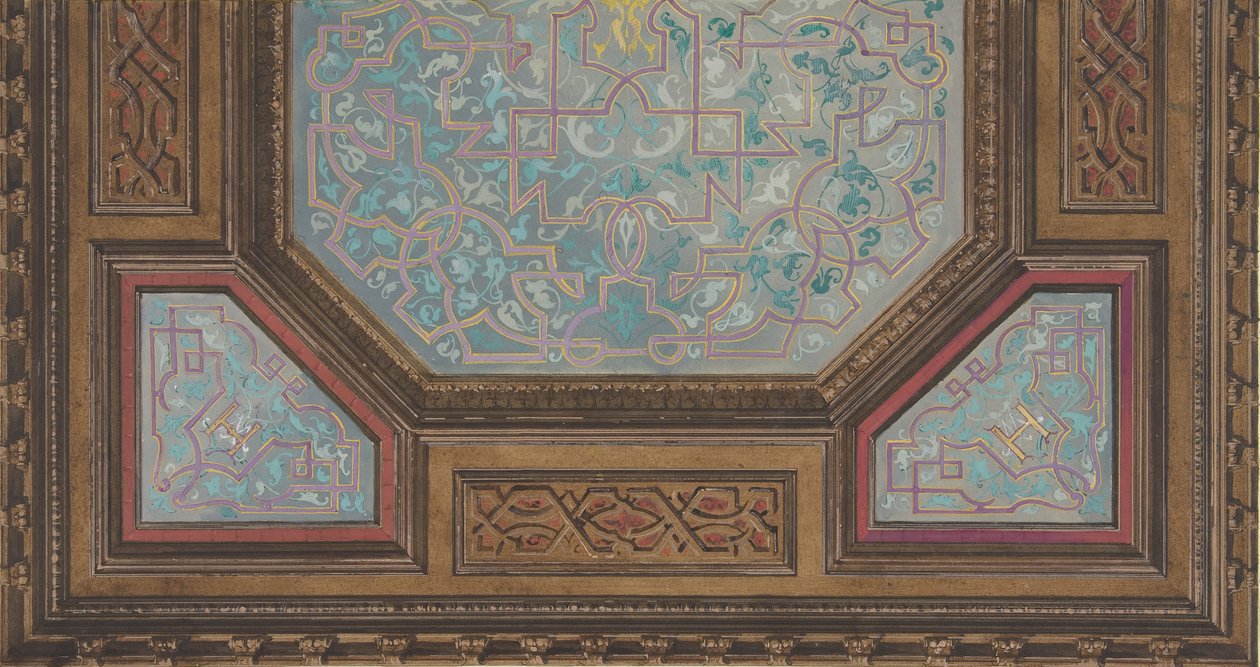 Design til malet udsmykning af et kasseloft med monogrammet: H, 1830-97. Skaber: Jules-Edmond-Charles Lachaise, Eugène-Pierre Gourdet. af Jules Edmond Charles Lachaise and Eugène Pierre Gourdet