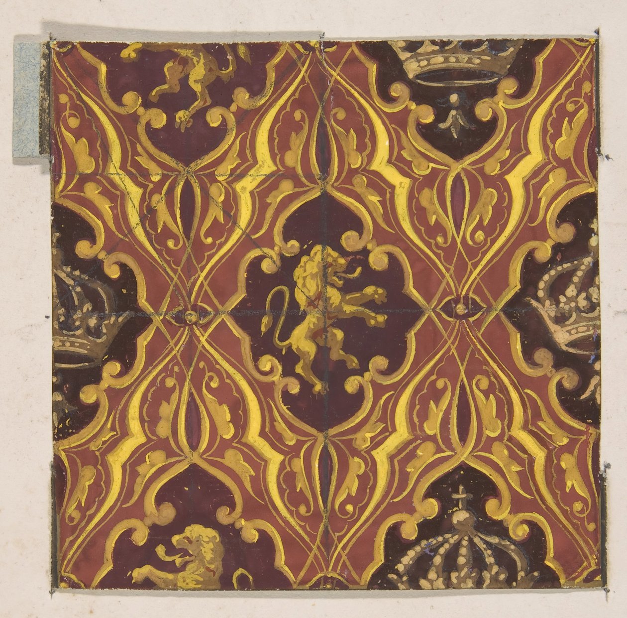 Design til tapet med frodige løver og kroner, 1830-97. Skaber: Jules-Edmond-Charles Lachaise, Eugène-Pierre Gourdet. af Jules Edmond Charles Lachaise and Eugène Pierre Gourdet