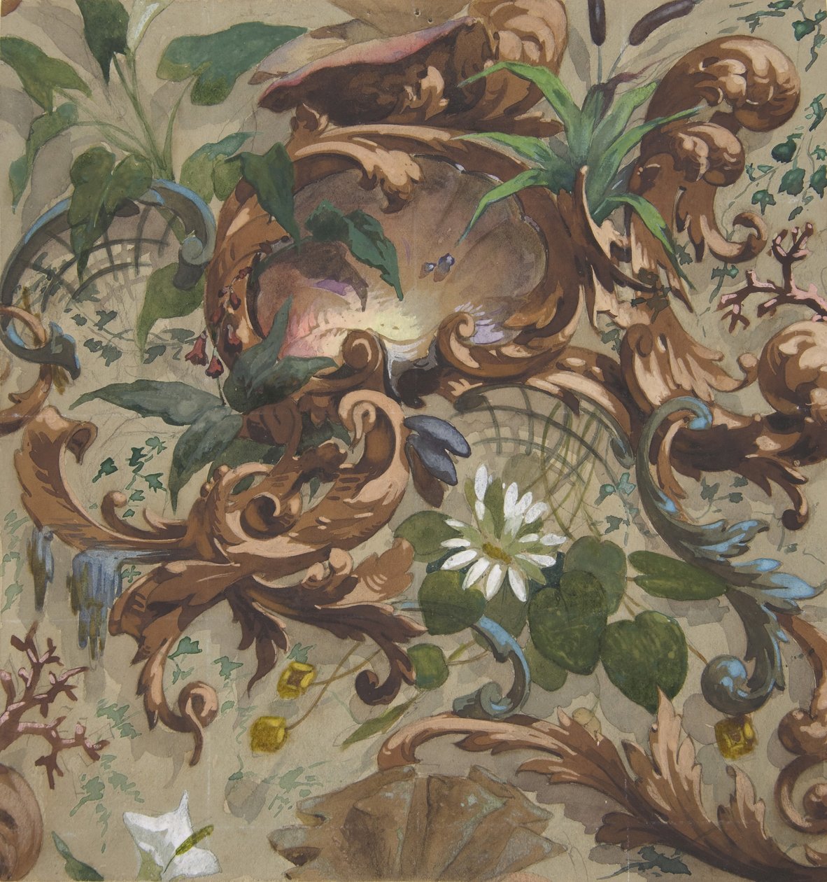 Design til tapet med skaller, åkander og havkager, 1830-97. Skaber: Jules-Edmond-Charles Lachaise, Eugène-Pierre Gourdet. af Jules Edmond Charles Lachaise and Eugène Pierre Gourdet