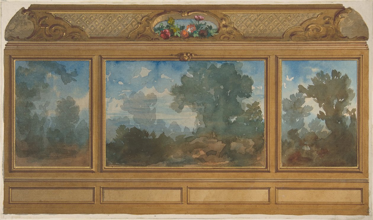 Forhøjning af et panelet interiør dekoreret med malede landskaber og vige med..., 1830-97. Skaber: Jules-Edmond-Charles Lachaise, Eugène-Pierre Gourdet. af Jules Edmond Charles Lachaise and Eugène Pierre Gourdet