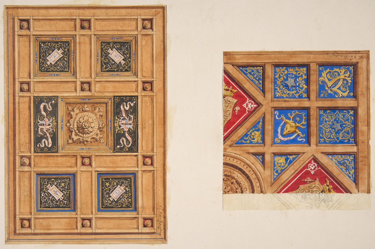 To designs til panelloft med malet dekoration, 1800-tallet. Skaber: Jules-Edmond-Charles Lachaise, Eugène-Pierre Gourdet. af Jules Edmond Charles Lachaise and Eugène Pierre Gourdet