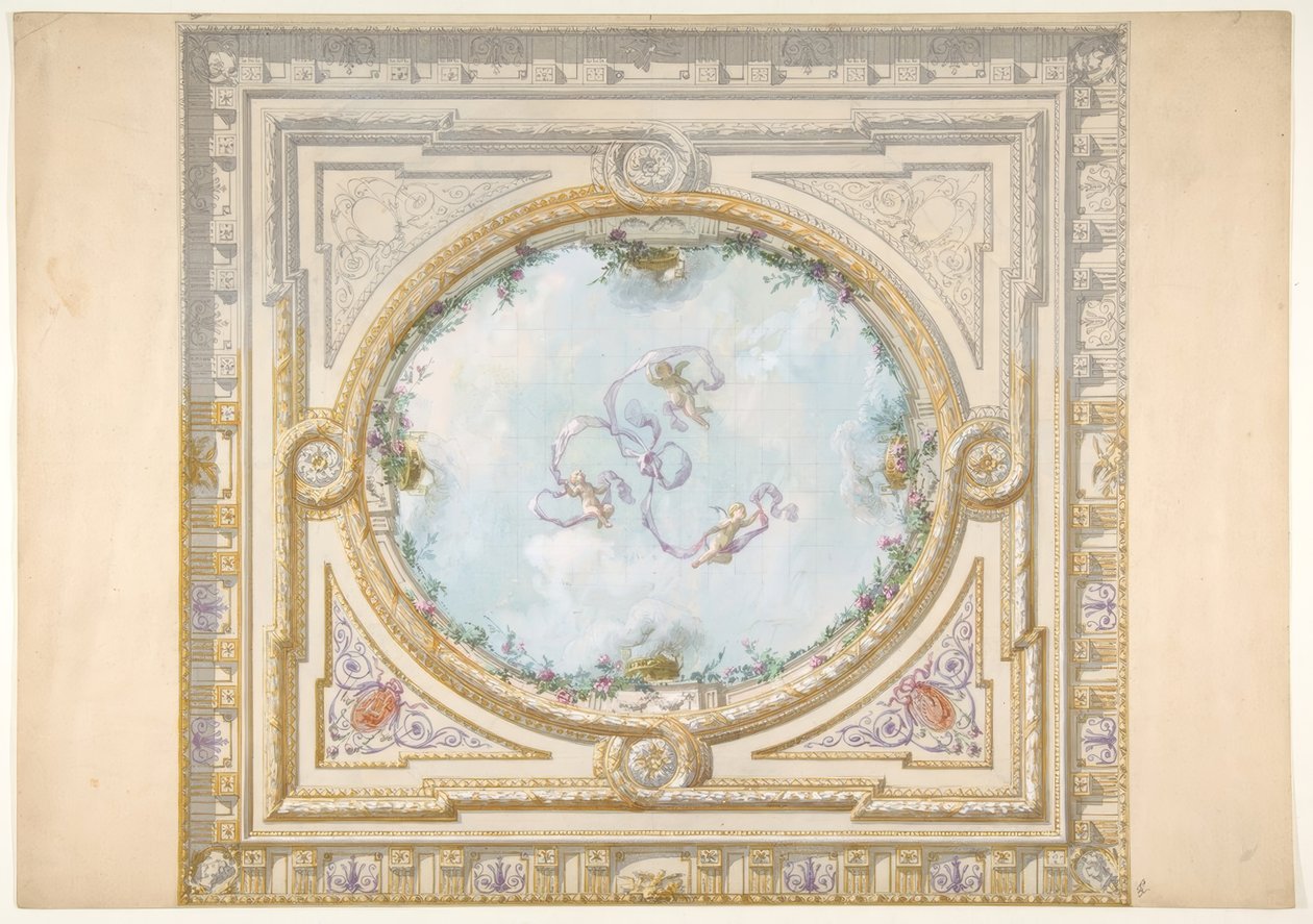 Design til et loft i rokokostil med en trompe loeil oculus af Jules Edmond Charles Lachaise