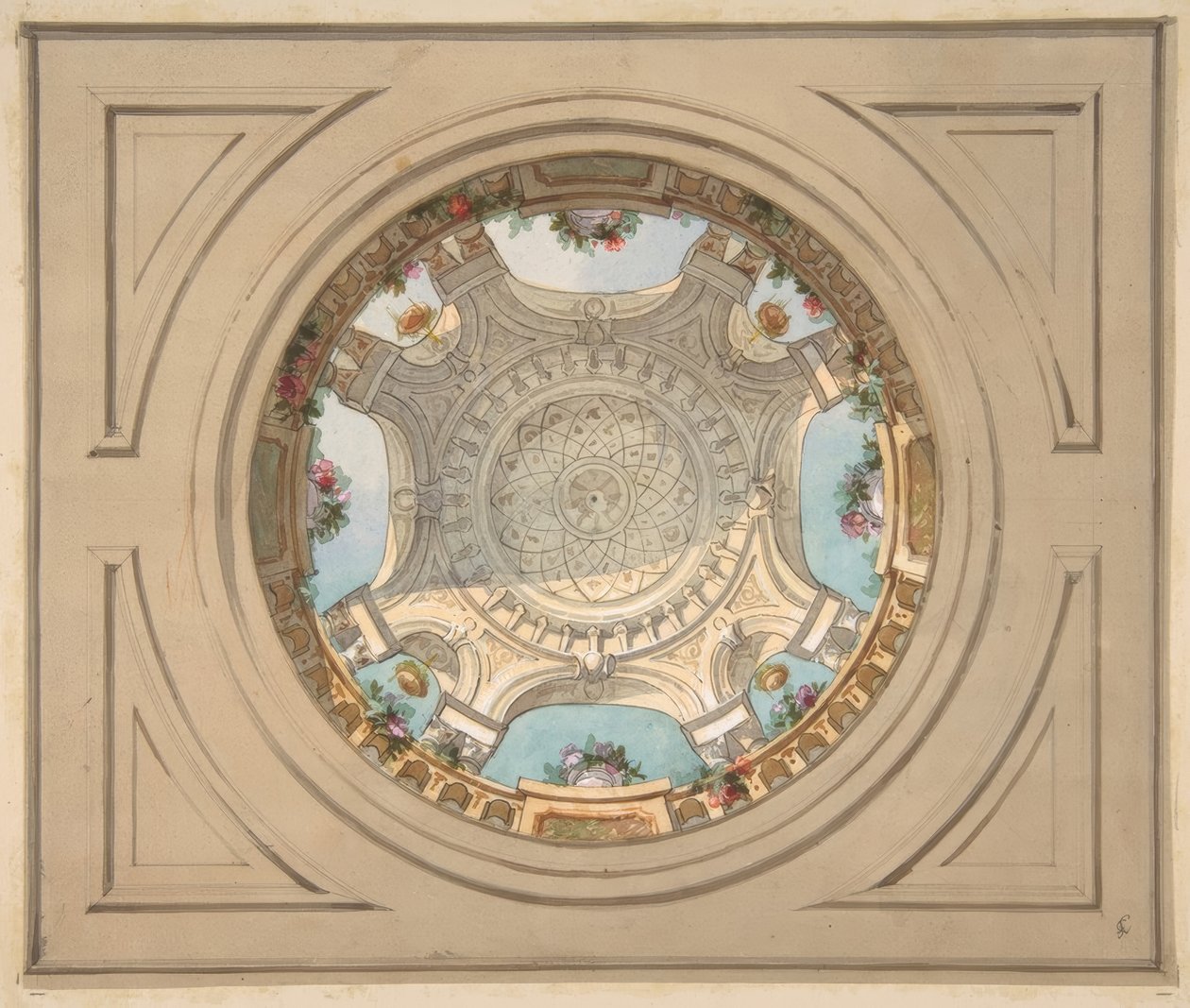 Design til et loft med trompe loeil balustrade af Jules Edmond Charles Lachaise