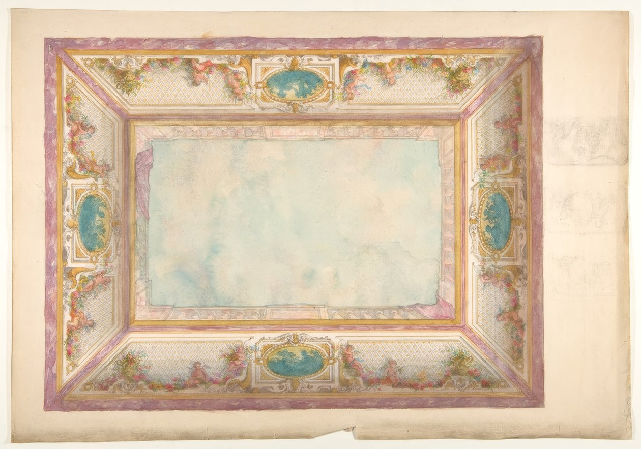Design til et loft med trompe loeil balustrade og putti af Jules Edmond Charles Lachaise