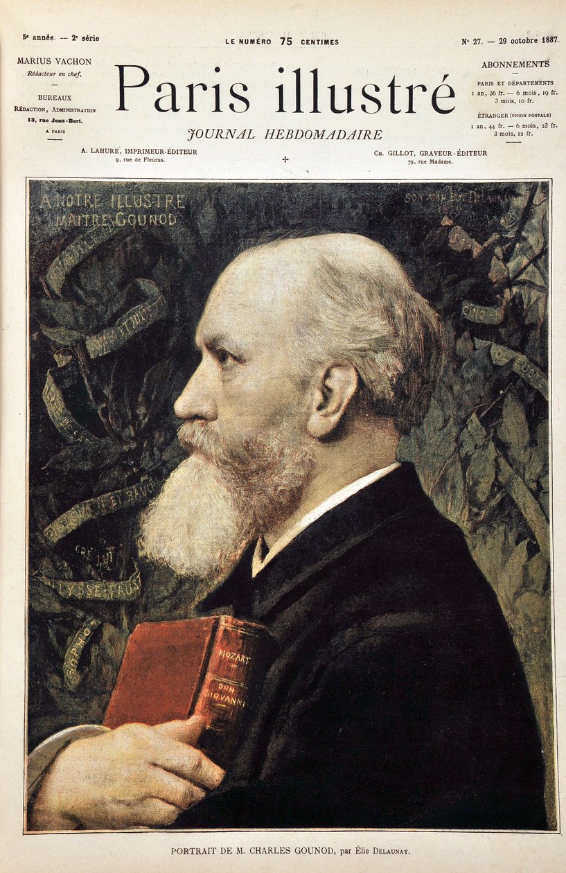 Portræt af Charles Gounod (Med partituret af Don Giovanni (Don Juan) af Mozart) baseret på portrættet af Elie Delaunay. Indgravering fra 1887 i "" Paris-Illustrous journal weekly"". af Jules Elie Delaunay