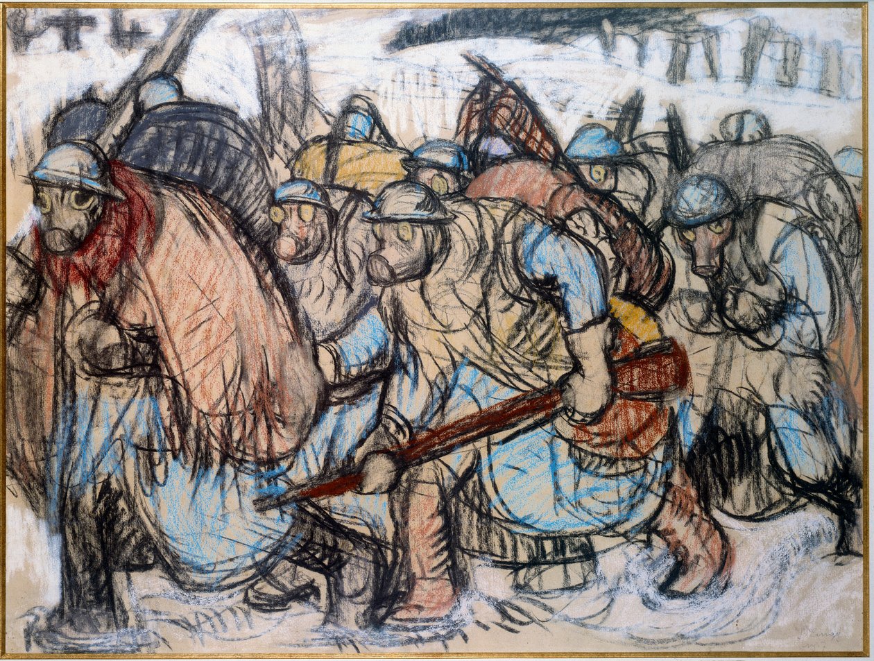Første Verdenskrig: "" Soldater iført en gasmaske "". Zingg, Jules Emile (1882-1942) af Jules Emile Zingg