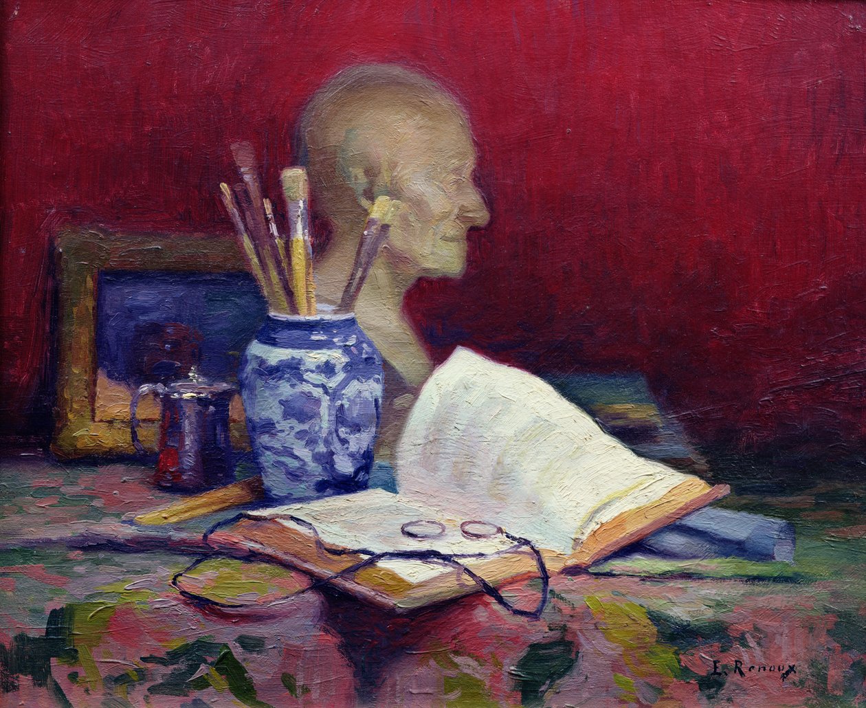 Stilleben med Head of Voltaire af Jules Ernest Renoux