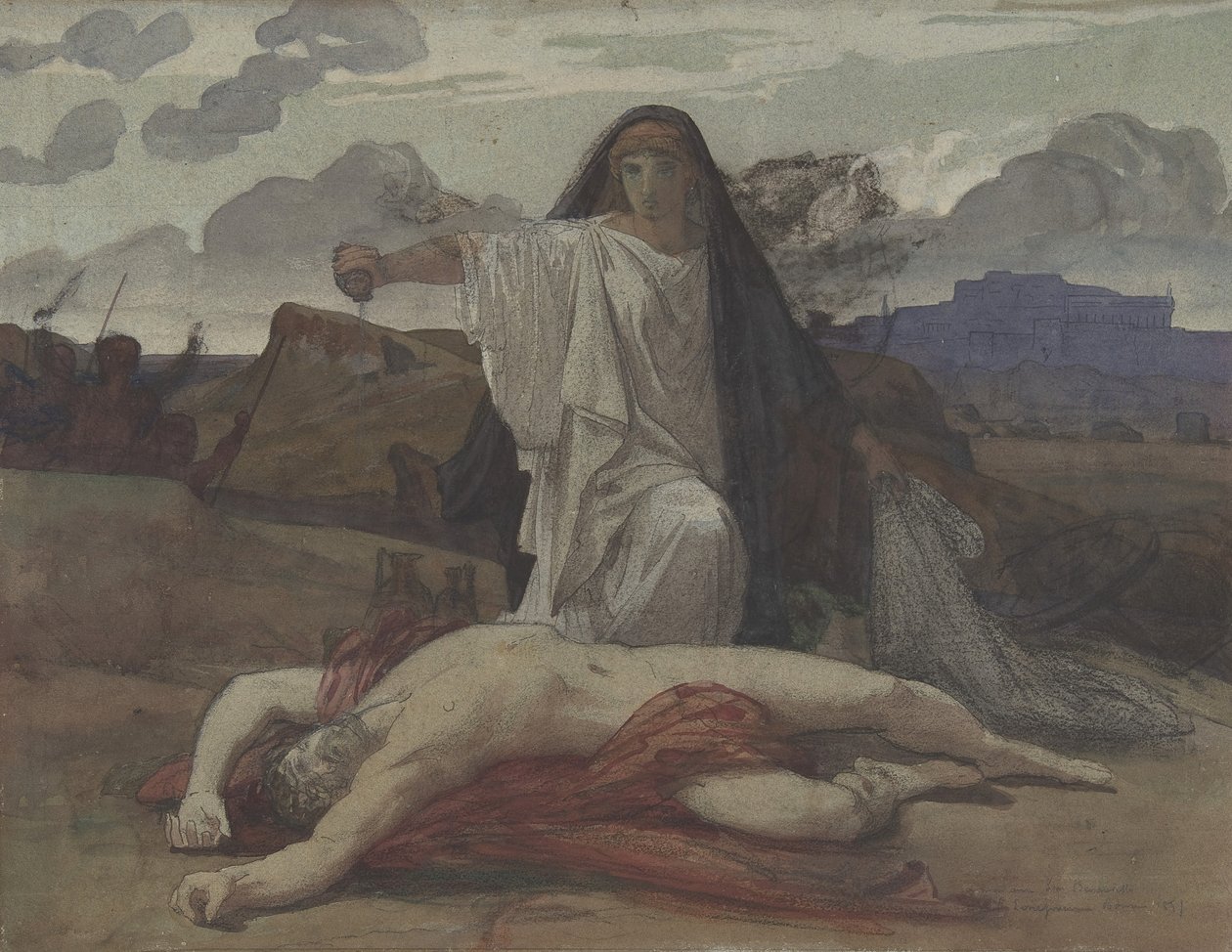 Antigone giver tokenbegravelse til hendes bror Polynices lig, 1835-98. af Jules Eugene Lenepveu