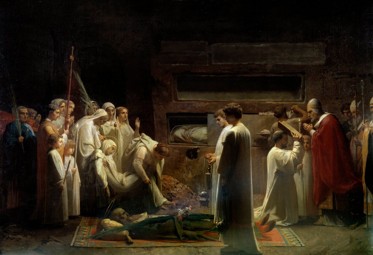 Martyrerne ved katakombernes kristne religiøse forsamling ved begravelsen af de første kristne i Rom. Maleri af Jules Lenepveu (1819-1898) 1855 søn. 1,7x3,36 m Paris, musee d