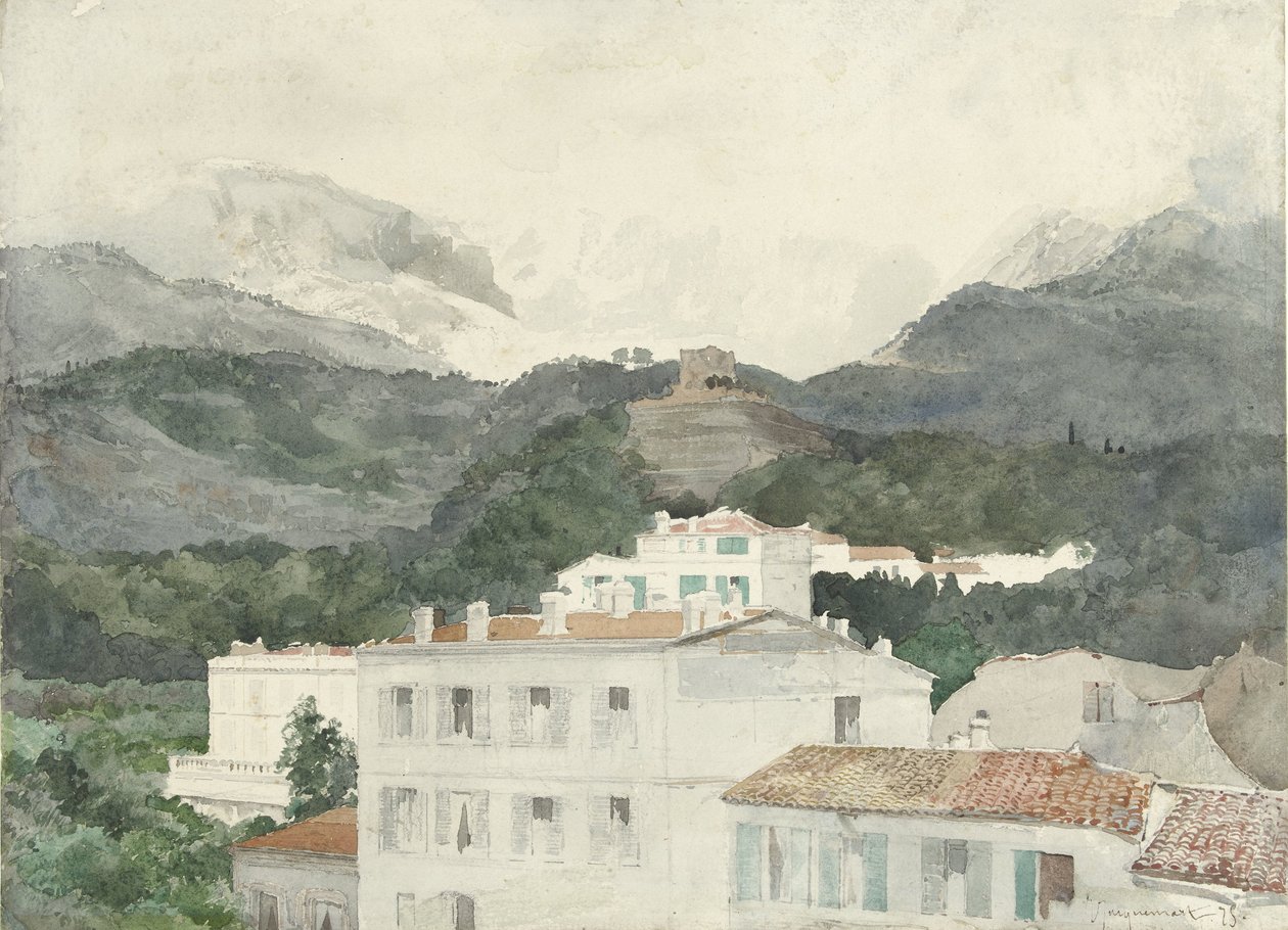 Landhuse ved foden af ​​bjergene, høje bjerge forude, La Turbie af Jules Ferdinand Jacquemart