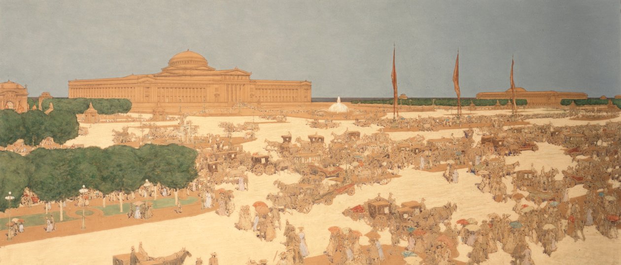 Foreslået plads på Michigan Avenue, vest for Field Museum of Natural History i Grant Park, med udsigt mod øst fra hjørnet af Jackson Boulevard af Jules Guerin