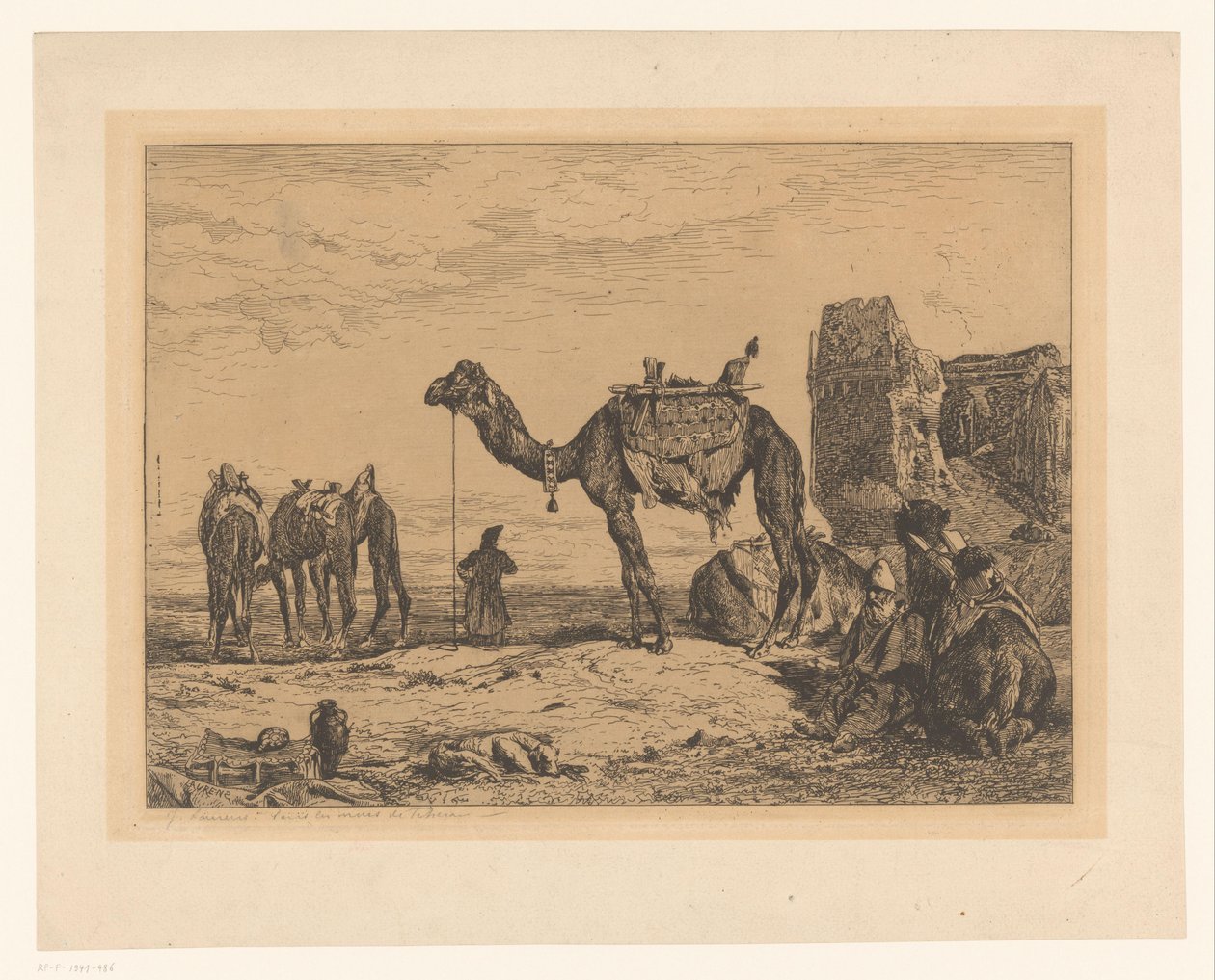 Landskab med kameler i ruin Sous les murs de Teheran (Perse) af Jules Joseph Augustin Laurens (signed by artist)