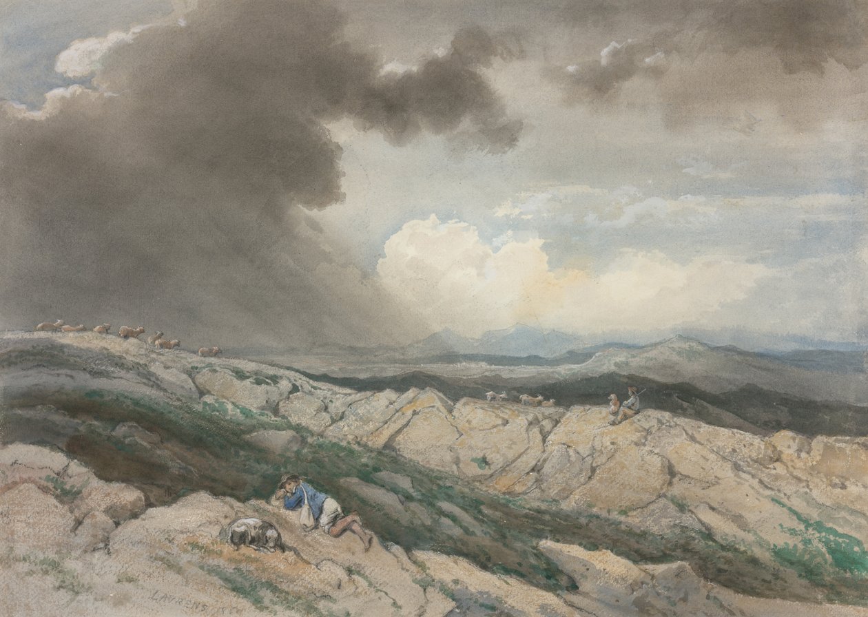 Landskab med fårehyrder, ca. 1869 (akvarel med gouache, sort kridt og grafit) af Jules Joseph Augustin Laurens