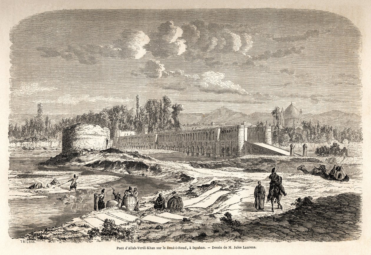Broen Allah Verdi Kahn, erige omkring 1608, i Isfahan (eller Isfahan) (Iran), er både et overgangssted for at krydse floden Zend e Roud, men også en dæmning til at regulere flodens forløb, med en Talar, eller kiosk af spejle, hvor den persiske hersker kunn af Jules Joseph Augustin Laurens
