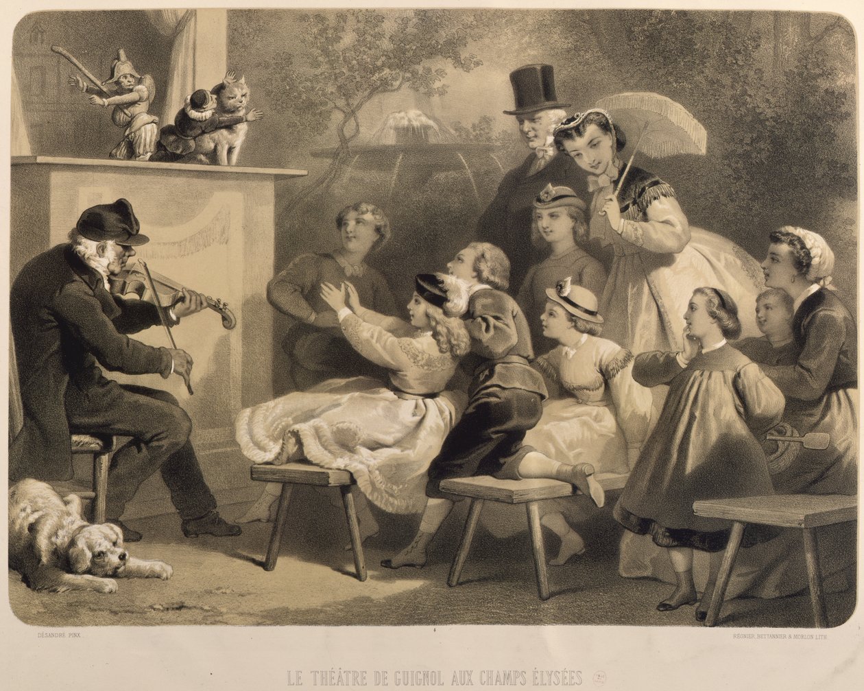 Teatret Guignol, Champs-Elysees, graveret af Claude Regnier (fl.1840-66) Bettanier og Morion af Jules Marie Desandre
