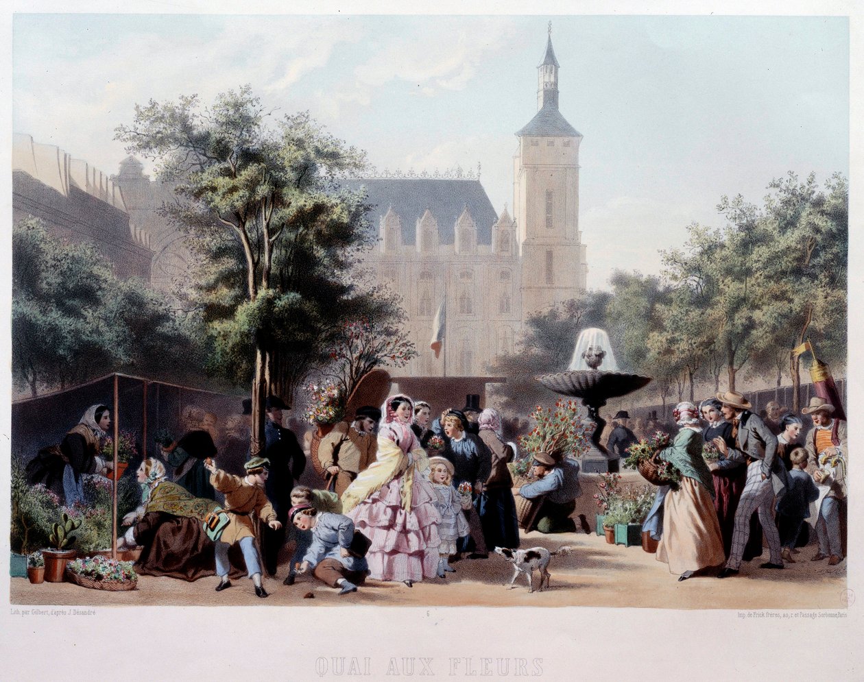 Udsigt over Quai aux Fleurs i Paris Turen på Ile de la Cite. Litografi af Jules Marie Desandre (1845-?) Paris fra det 19. århundrede, Musee Carnavalet af Jules Marie Desandre