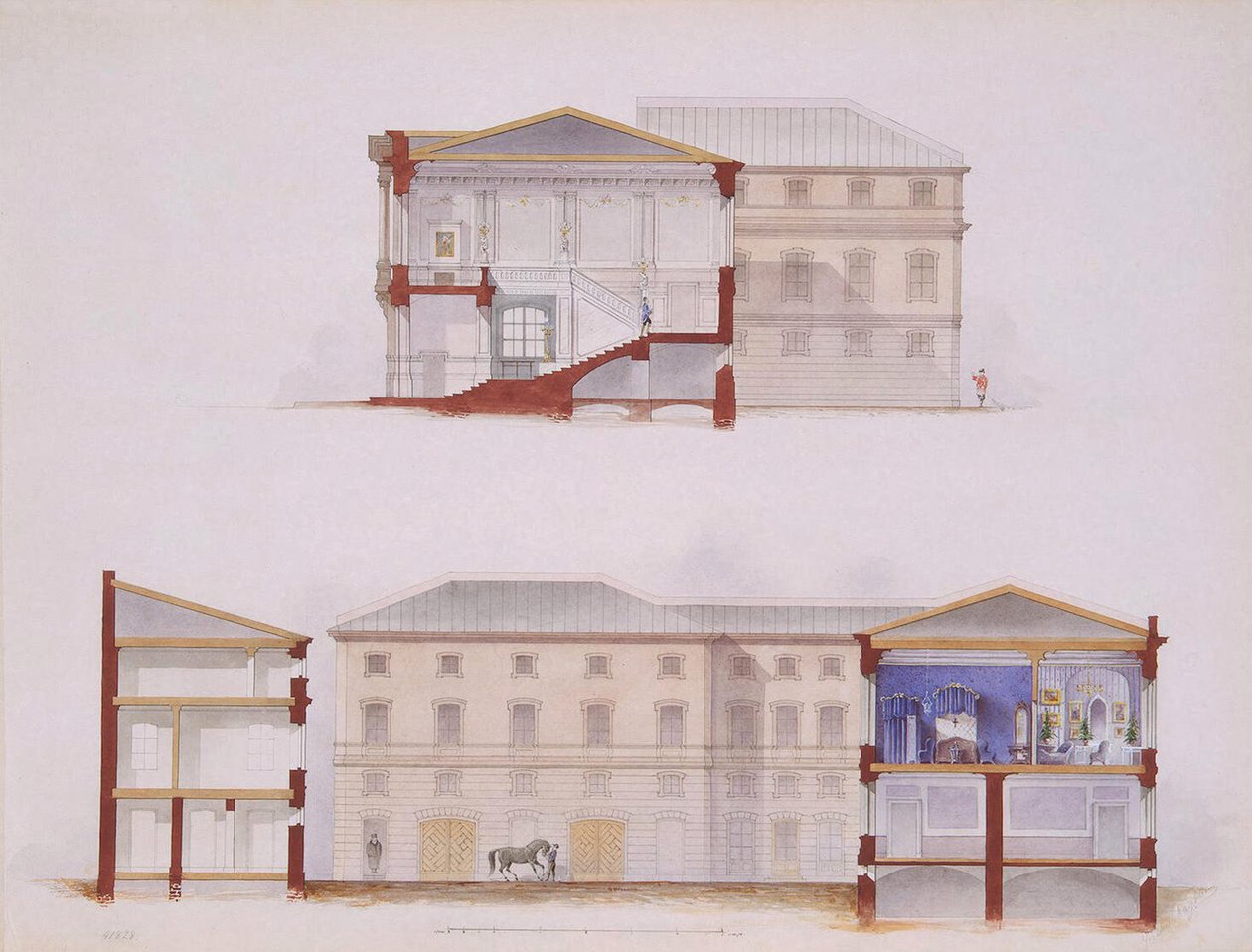 Stroganov-paladset i Sankt Petersborg. Plan over facaden og sektionen, 1865 af Jules Mayblum