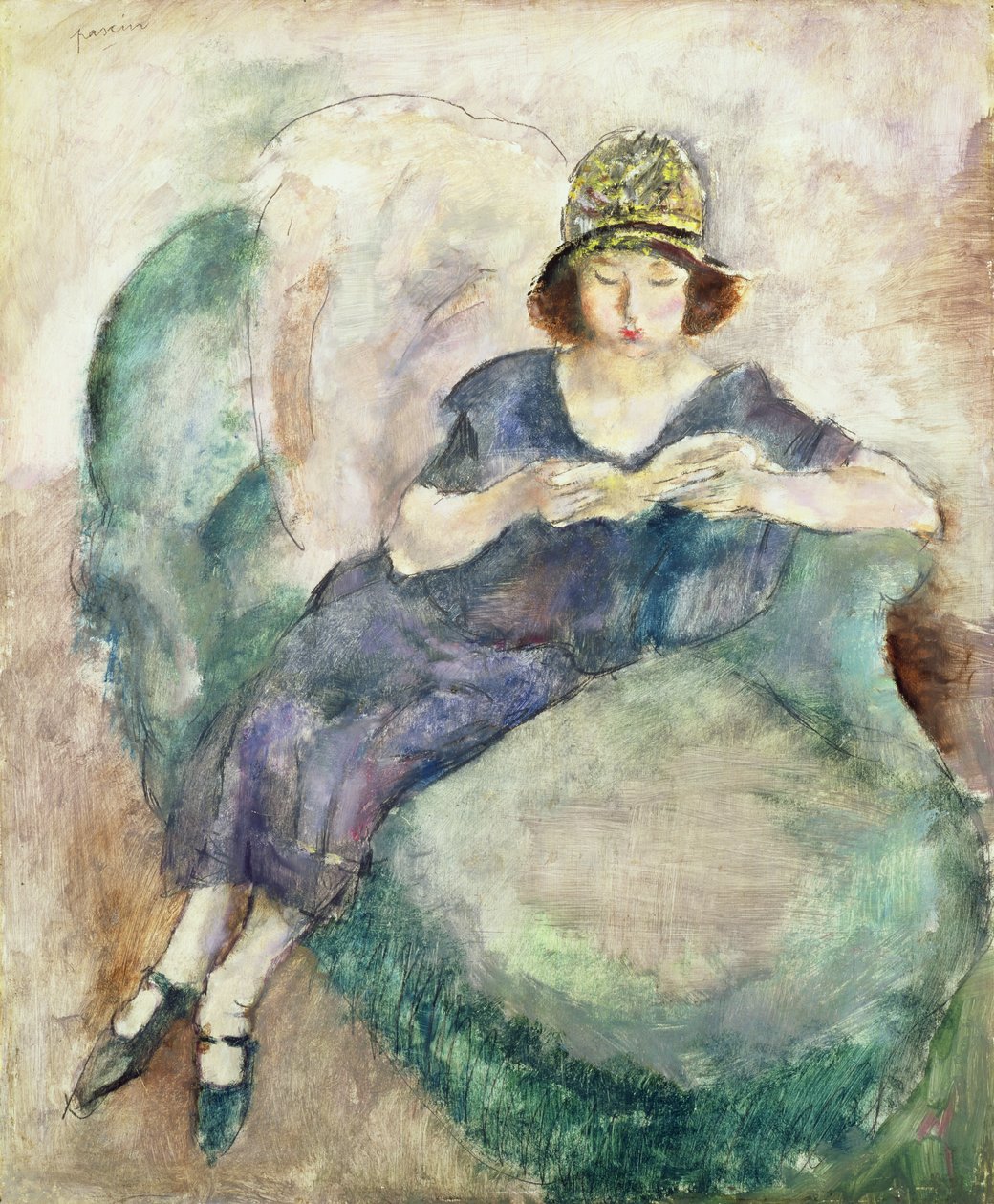 Pige i blå læser på en sofa, 1926-27 af Jules Pascin