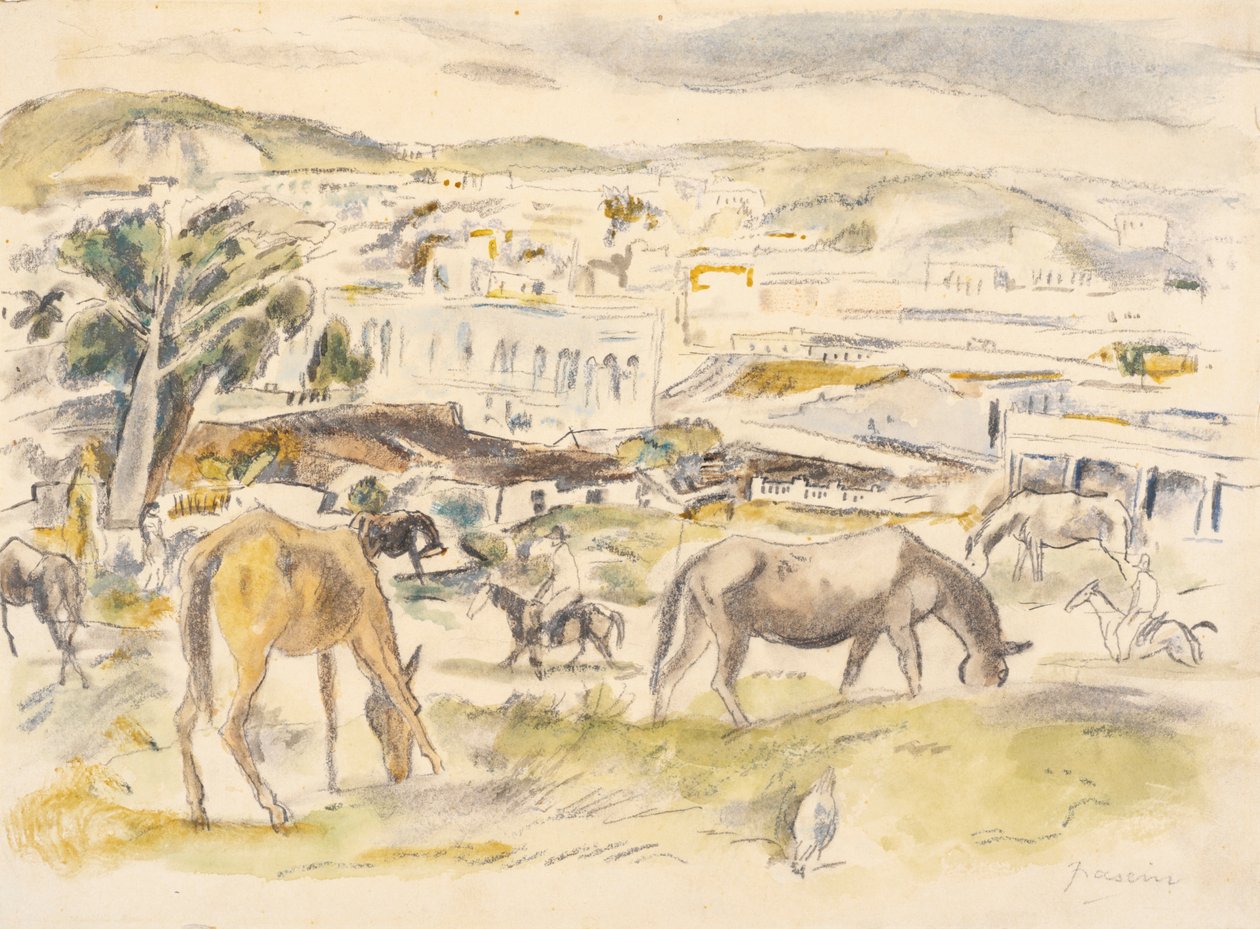 Heste i landskab (wc på papir) af Jules Pascin