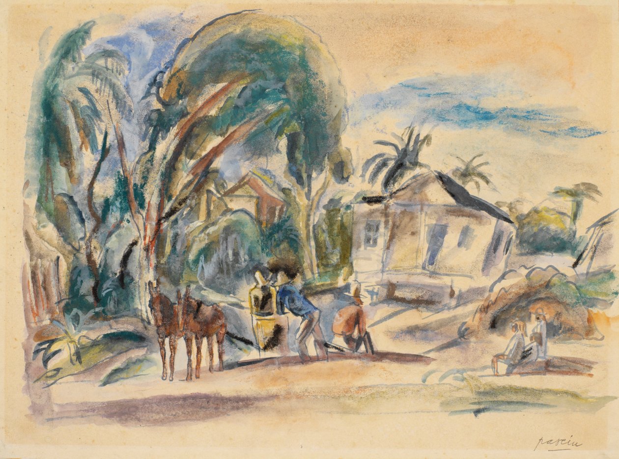 Landskab, hus og træ (wc på papir) af Jules Pascin