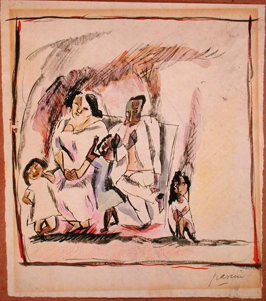 Mor, far og tre børn (akvarel på papir) af Jules Pascin