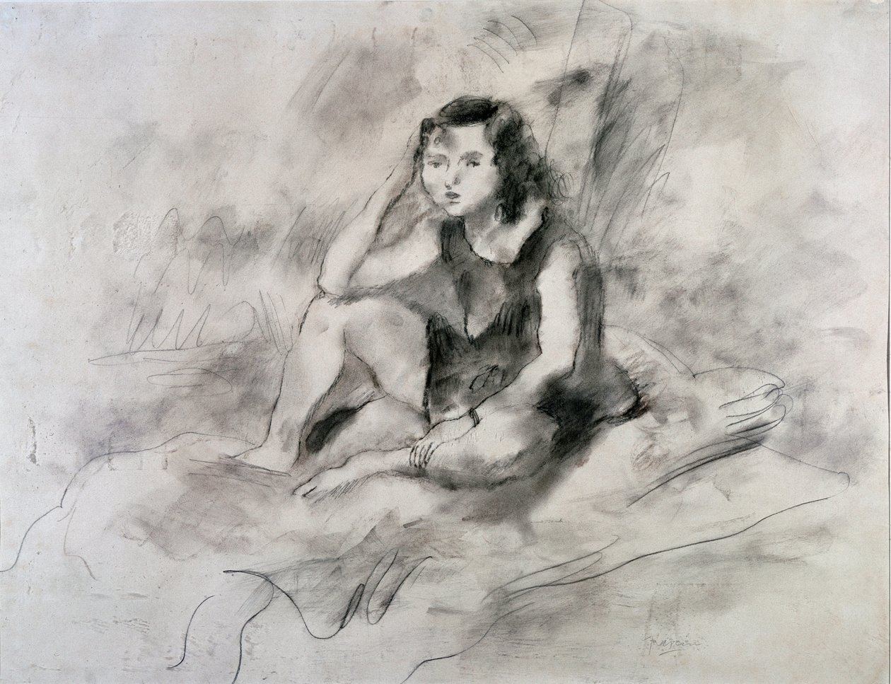 Siddende pige (akvarel og blæk, ca. 1910) af Jules Pascin