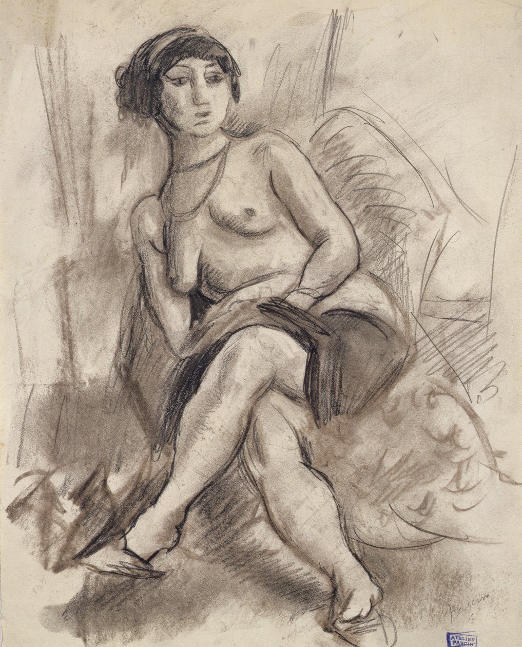Siddende nøgenmodel af Jules Pascin