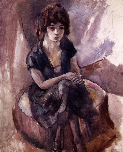 Siddende ung kvinde (olie på lærred) af Jules Pascin