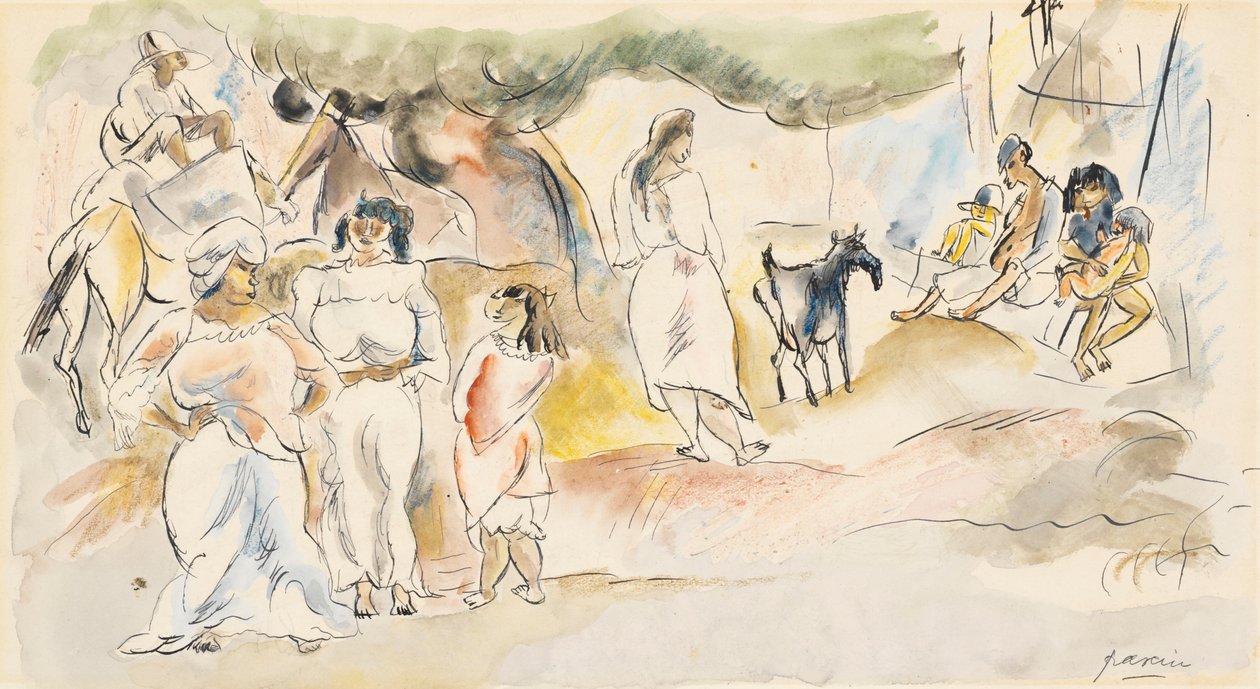 Sydlige figurer og ged (wc på papir) af Jules Pascin