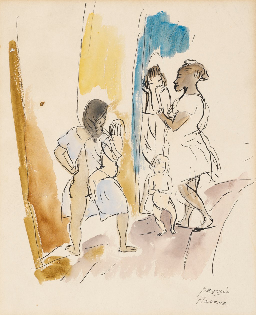Tre kvinder og to børn, Havana af Jules Pascin