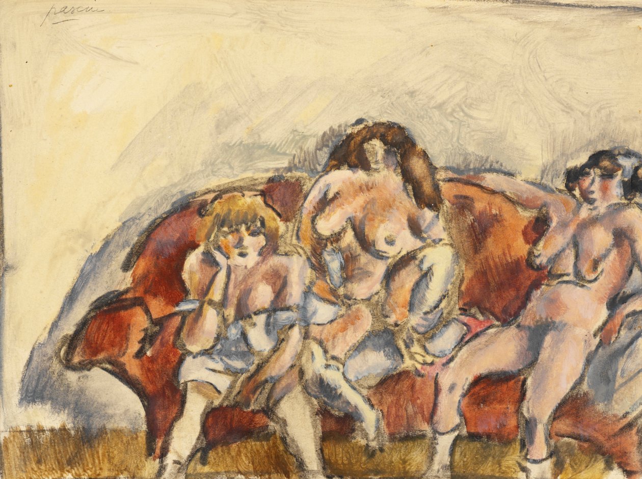 Tre kvinder på en rød sofa af Jules Pascin