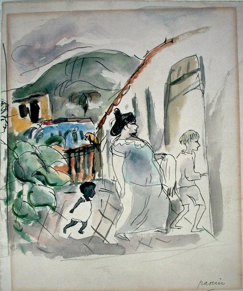 Kvinde og to børn (akvarel på papir) af Jules Pascin